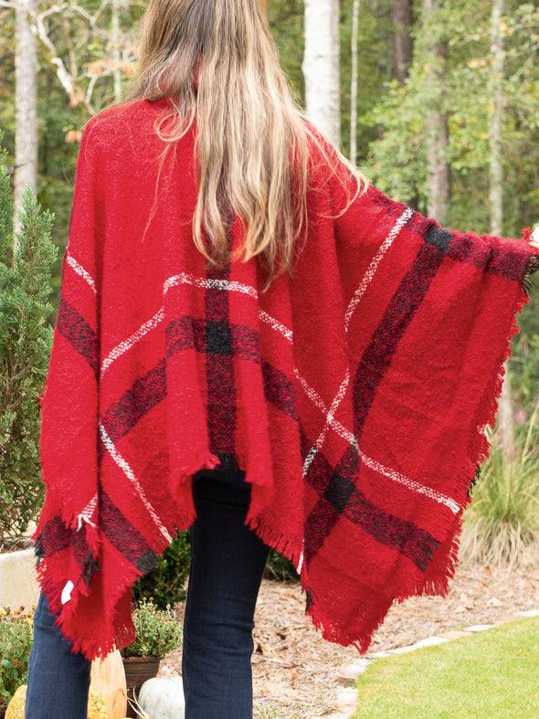 Easy On Me Plaid Turtle Neck Poncho - Red