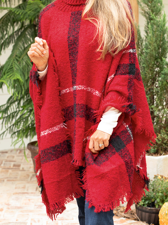 Easy On Me Plaid Turtle Neck Poncho - Red