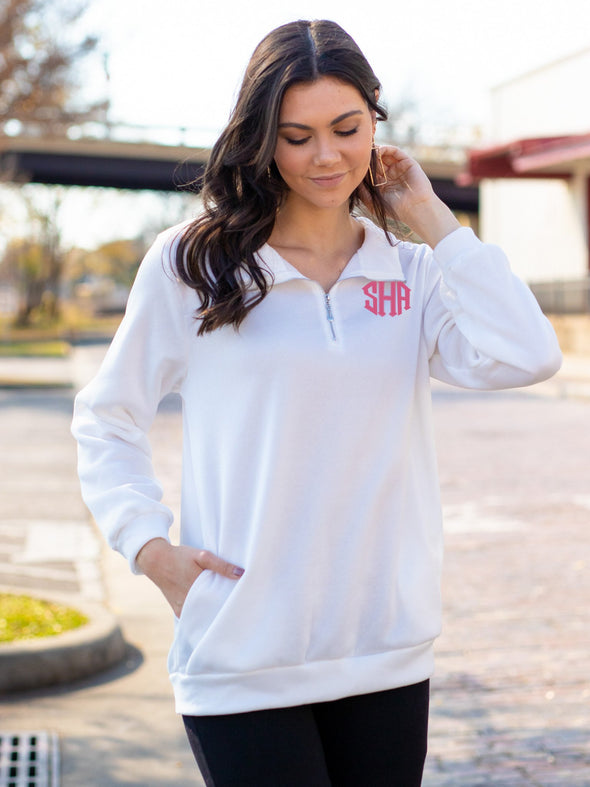 Chill Out Monogrammed Zip Pullover - White