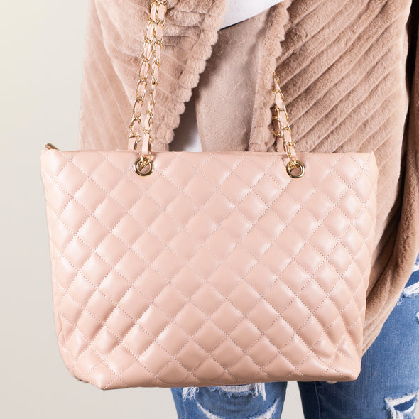 Quilted Leatherette Handbag with Gold Rope Strap