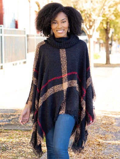 Poncho Sweater 525x394 Easy On Me Plaid Turtle Neck Poncho - Black – Initial Outfitters