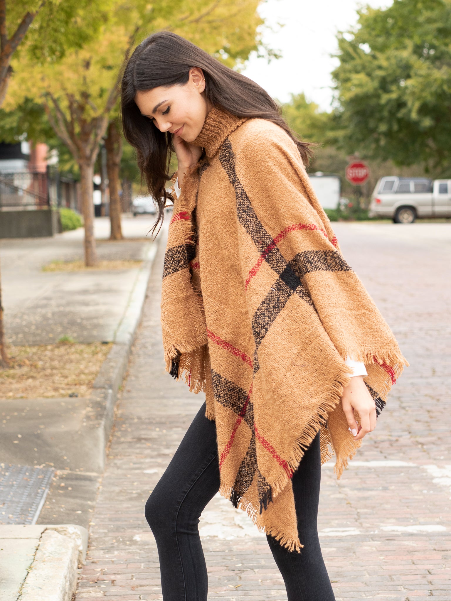 Easy On Me Plaid Turtle Neck Poncho - Camel – Initial Outfitters