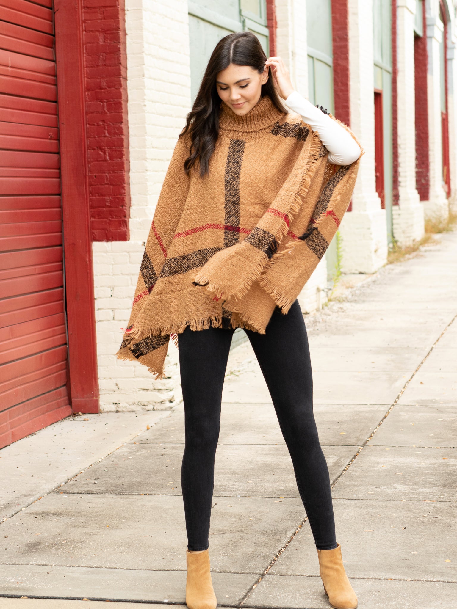 Easy On Me Plaid Turtle Neck Poncho - Camel – Initial Outfitters