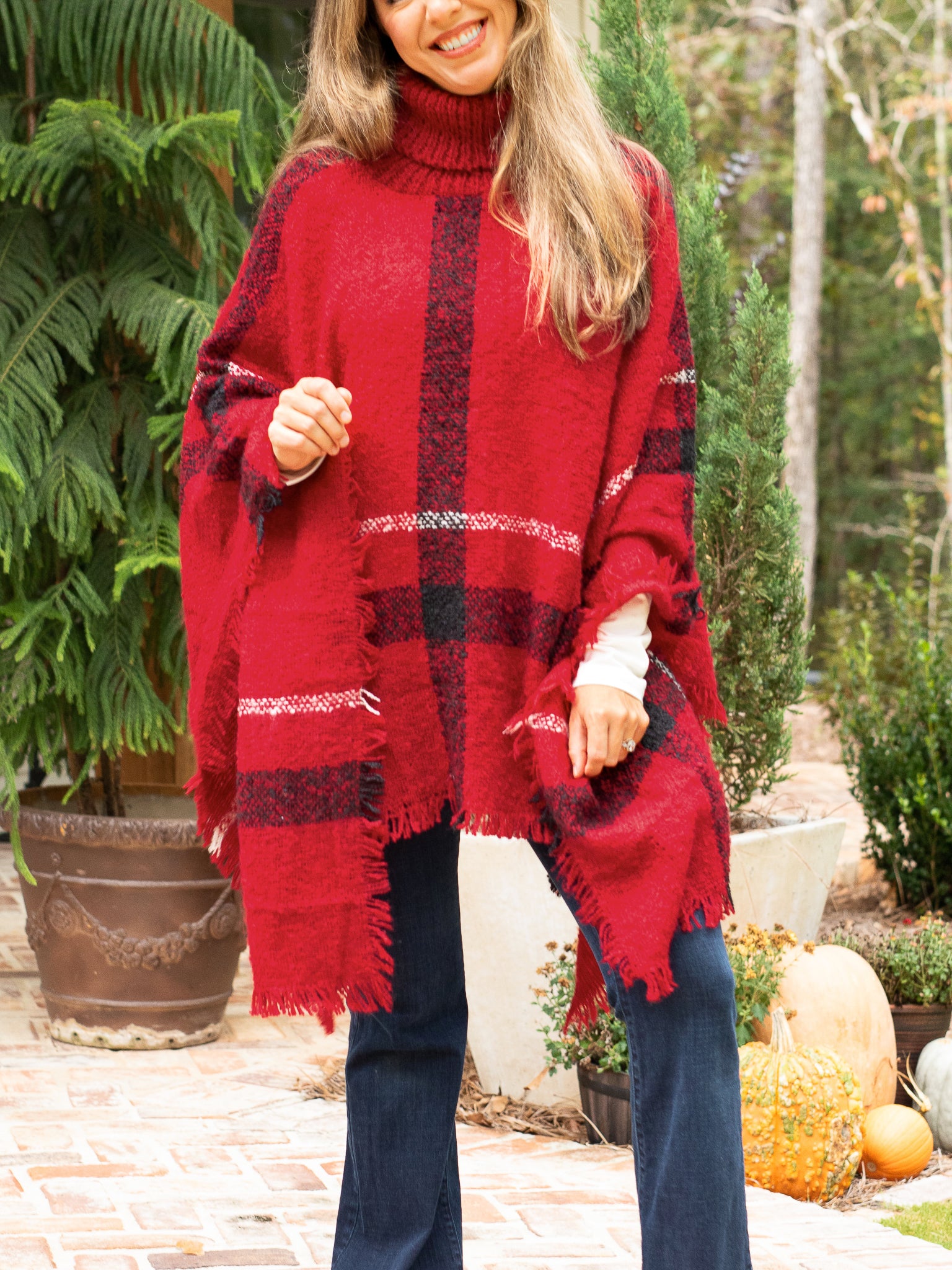Easy Me Turtle Neck Poncho - Red Initial Outfitters