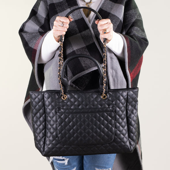 Luxe Quilted Leatherette Handbag with Gold Rope Strap