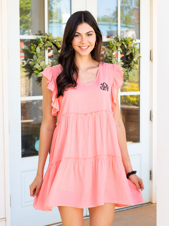 Thinking Out Loud Ruffle Sleeve Dress - Coral
