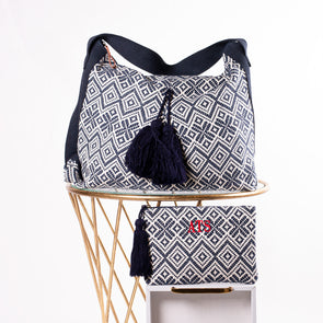 Phoenix Collection Set Handbag & Cosmetic - Navy/White