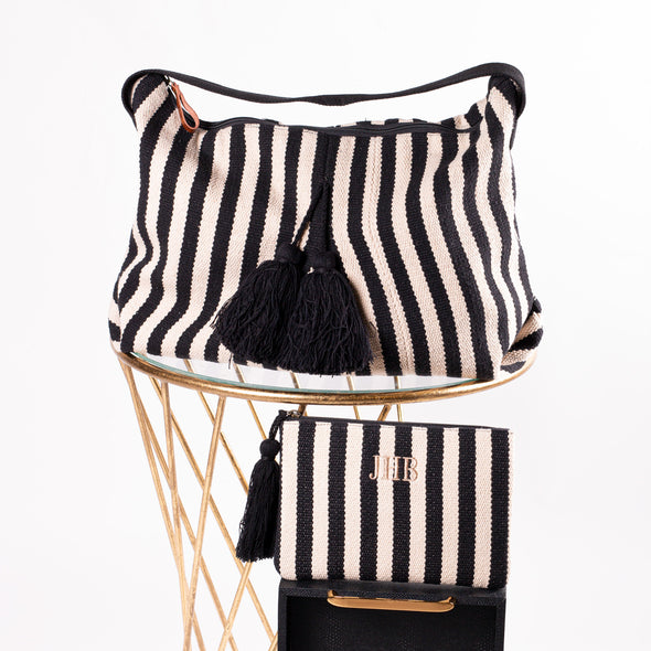 Phoenix Collection Set Handbag & Cosmetic - Black/Ivory Stripe