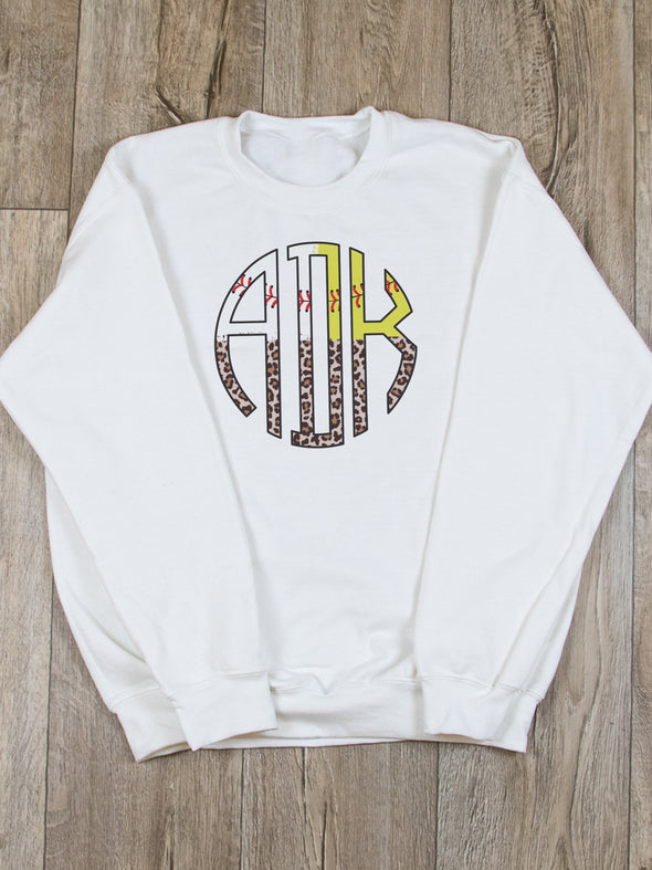 Leopard Baseball/Softball Monogram Sweatshirt - White