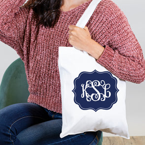 Fancy Frame Monogram, Personalized Tote Bag - Navy