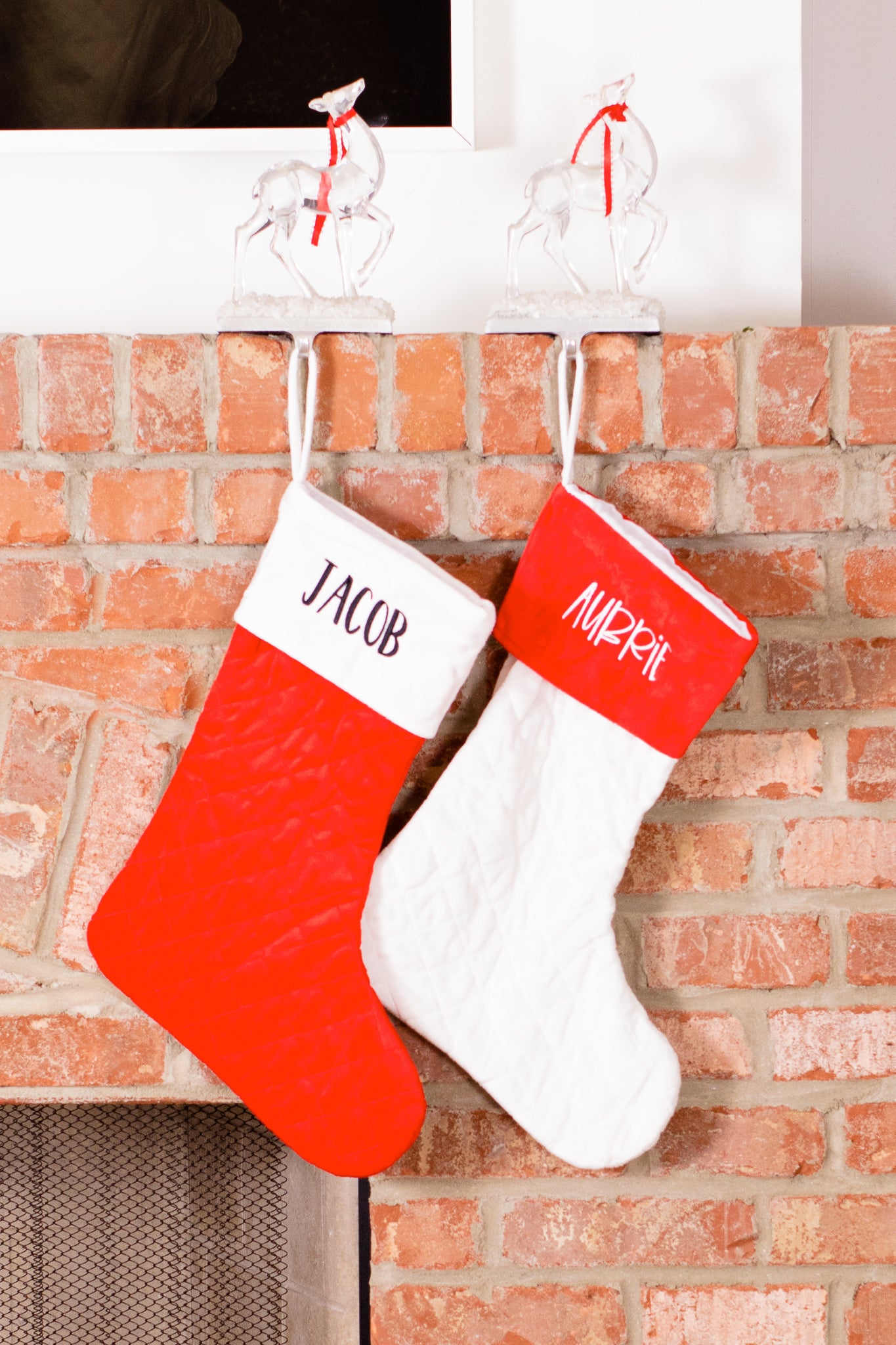 Christmas Stockings, White Red Velvet Quilted Christmas Stocking