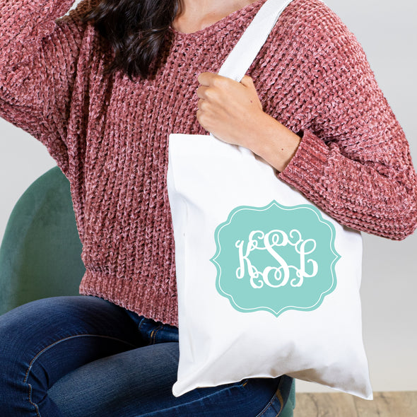 Fancy Frame Monogram, Personalized Tote Bag - Teal